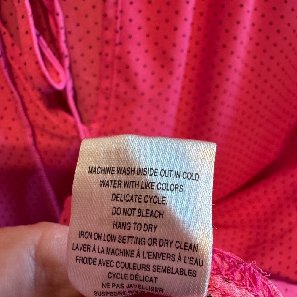 Tamara H Pink Black Dot Blouse Ruffle Cap Sleeve Neck Tie shirt Sz XL - Picture 11 of 11